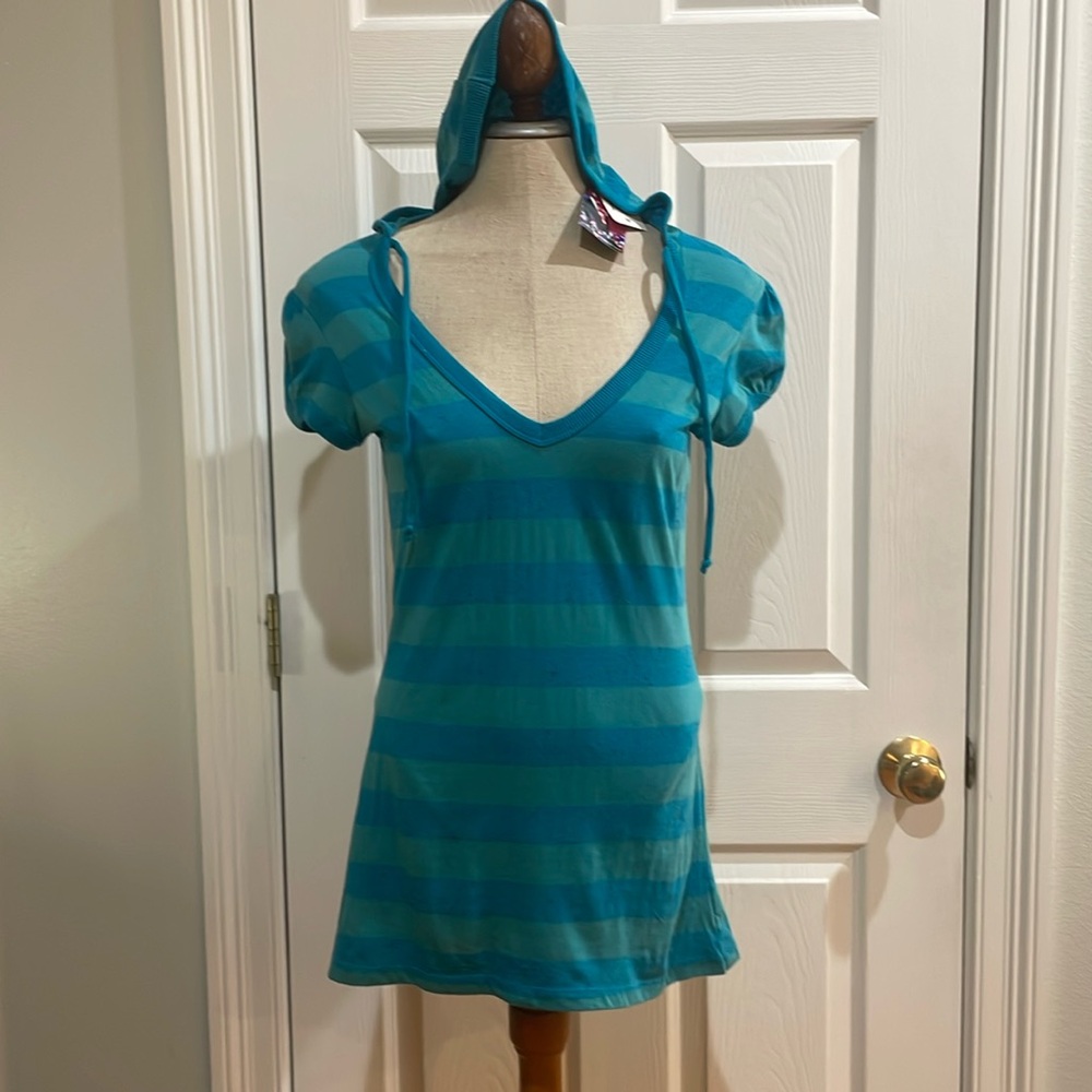 Vintage Y2K fang V-neck hoodie tunic top striped turquoise cotton womens M